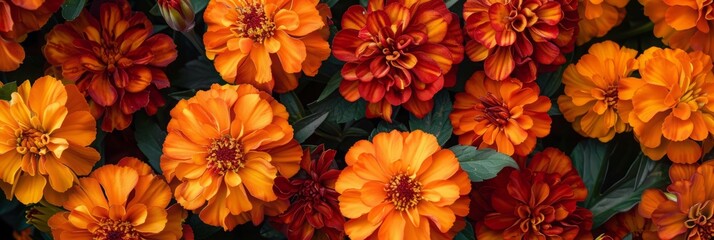 Fototapeta premium marigold background, top view. orange calendulas, floral banner. garden flowers.