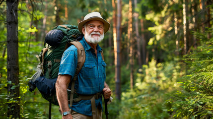 Portrait of a happy elderly man with a backpack on a hike. A gray-haired man feels freedom walking through a mountain forest. Adventure, travel concept. Active lifestyle.