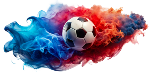 Dynamic Soccer Ball with Red and Blue Smoke Swirls cut out png on transparent background