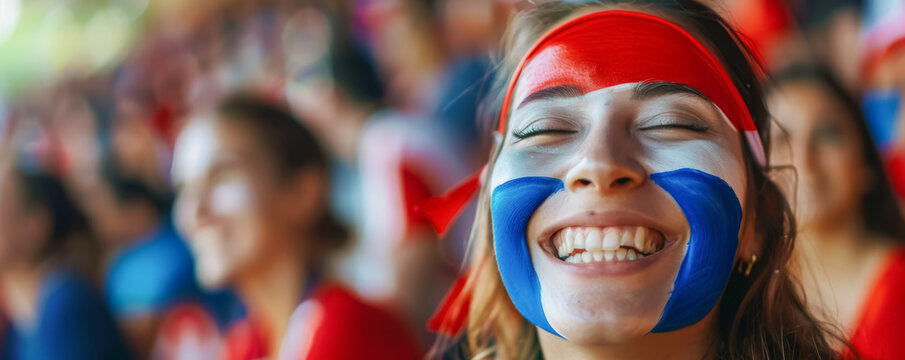 Happy Paraguayan female supporter with face painted in Paraguayan flag colors, Paraguayan fan at a sports event such as football, soccer or rugby match, blurry stadium background
