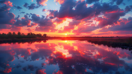 A nature wetland during sunset, the sky ablaze with colors, and the water reflecting the hues