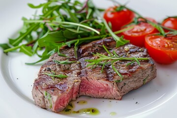 Grilled steak with cherry tomatoes and arugula on a white plate, showcasing a delicious and healthy meal