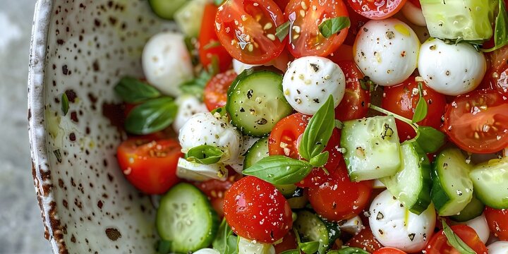 a homemade salad featuring chopped cherry tomatoes, chopped cucumber, and mozzarella balls, - Powered by Adobe