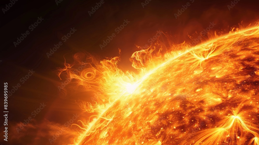 Poster close-up of an intense solar flare erupting from the sun's surface. depiction of sun's magnetic acti