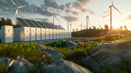 Battery energy storage system with wind turbines and solar panels