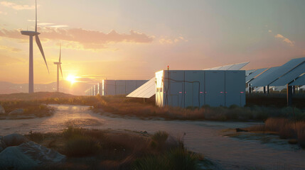 Battery energy storage system with wind turbines and solar panels