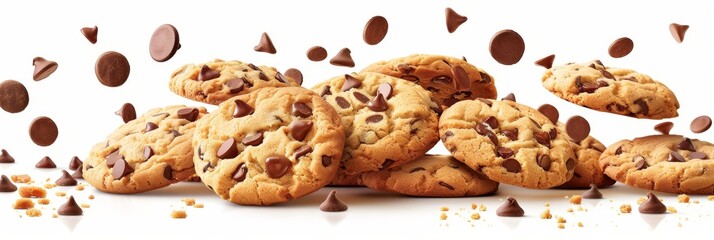 Levitating cookies gracefully falling in a mesmerizing display on a clean white background