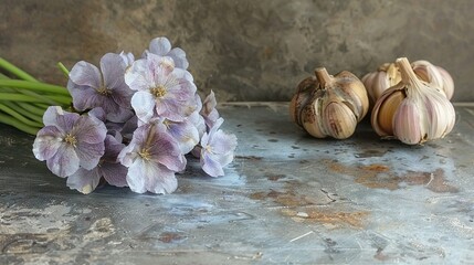   A group of flowers arranged on a metal surface with a pile of garlic on top