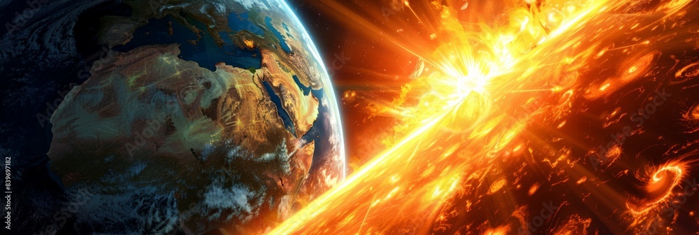 Poster Solar eruption with powerful flare and impact on Earth's geomagnetic field. Dynamic portrayal of solar activity and its potential effects on humans