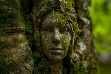 Obraz premium A close-up view of a tree bark face covered in moss, suggesting a mystical connection to nature.