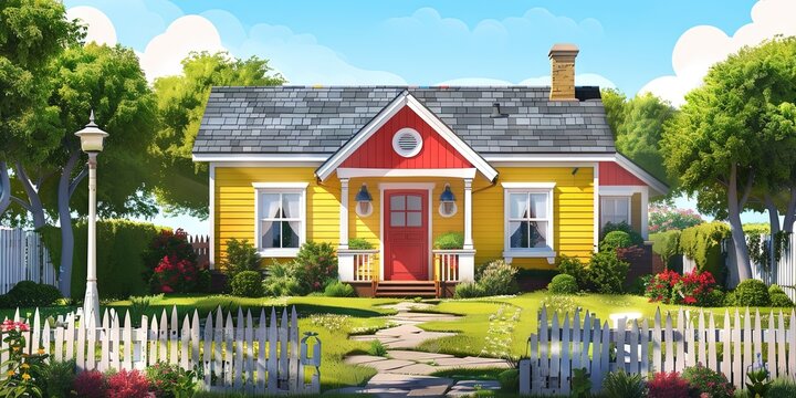 an one point perspective, front view facing house 
