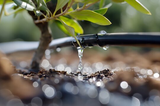 Close-up of a black plastic irrigation dripper watering a young plant.