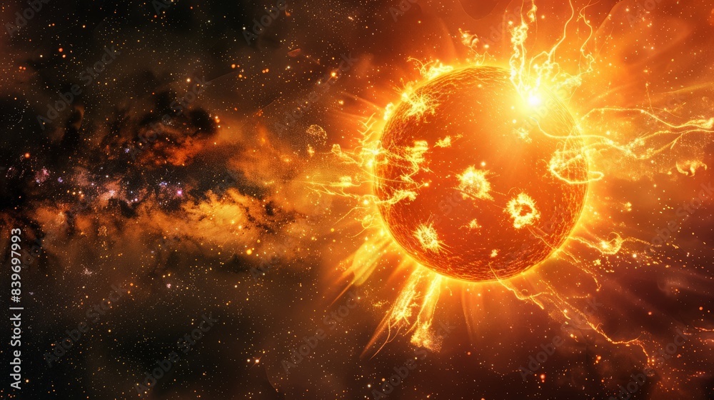 Poster stunning solar eruption with intense flares and magnetic storms. vivid depiction of the sun's explos