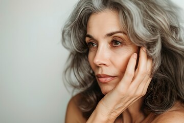 Obraz premium A portrait of a woman with silver hair and a gentle expression, showcasing the beauty of aging.