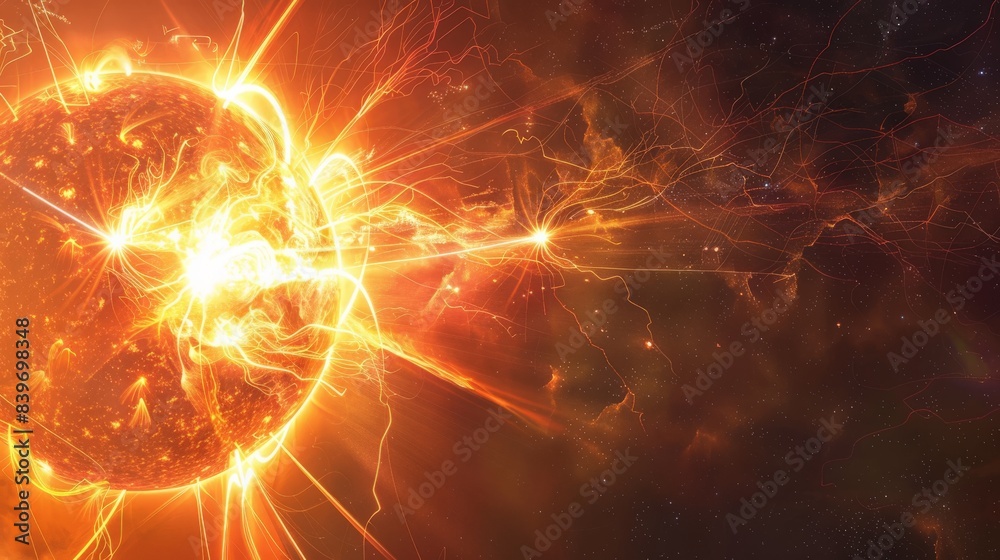 Poster intense solar activity with flares and magnetic storms on the sun's surface. illustration of solar s