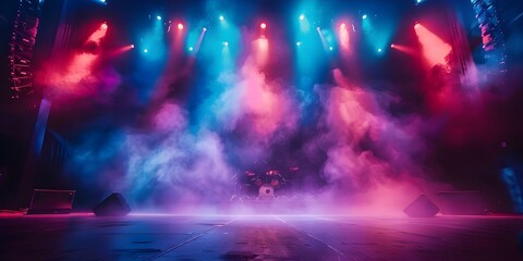 Enchanting Ambiance Vibrant Lights and Smoke Effects on Theater Concert Stage. Concept Theater Stage Lighting, Concert Special Effects, Enchanting Ambiance, Vibrant Atmosphere, Smoke Effects