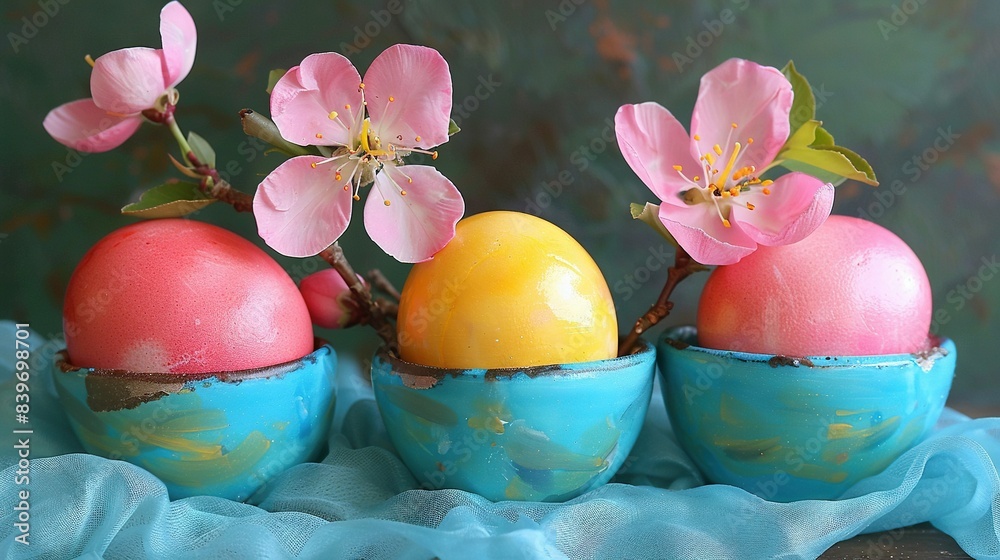 Sticker   Three blue-decorated eggs in a blue bowl with pink flowers on a blue cloth with a blue cloth as a side