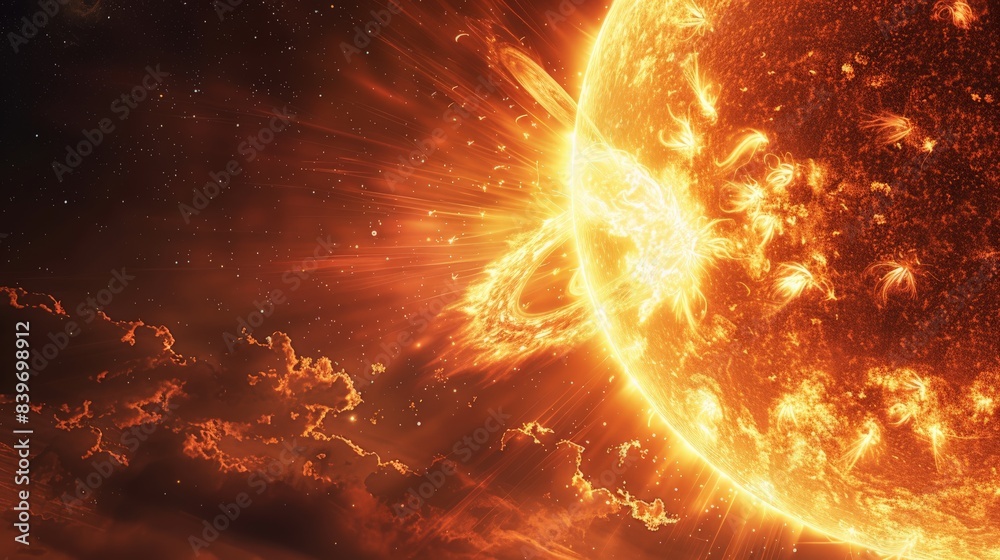 Poster Massive solar flare and sunspot activity illuminating the cosmos with fiery brilliance. An impressive look at the sun's dynamic and volatile surface.