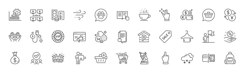 Search file, Windy weather and Microscope line icons. Pack of Payment methods, Hold box, Money bag icon. Selenium mineral, Puzzle, Video conference pictogram. Arena stadium, Pets care. Vector