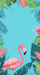 Naklejka premium Cute cartoon flat style background with colorful blue color scheme, pink flamingo and green leaves, large blank space for text in the center of the picture