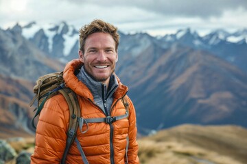 Naklejka premium Smiling Man in Orange Puffy Jacket Hiking on Mountain Top with Dramatic Sky and Scenic Background