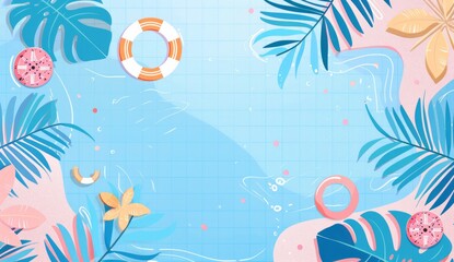 Cute cartoon vector style poster background featuring a swimming pool with blue water