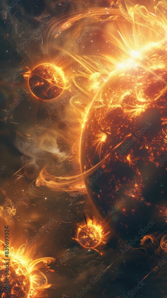 Poster vivid depiction of a solar flare with sunspots against a colorful cosmic backdrop. captures the esse