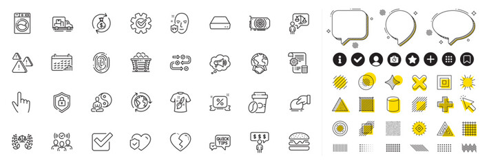 Set of Takeaway coffee, Mini pc and Squad line icons for web app. Design elements, Social media icons. Survey progress, Life insurance, Cursor icons. Money exchange, Shield, Lawyer signs. Vector