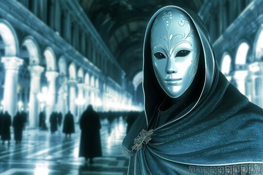 Ethereal halloween masquerade  haunting portrait of masked figure in abandoned mansion