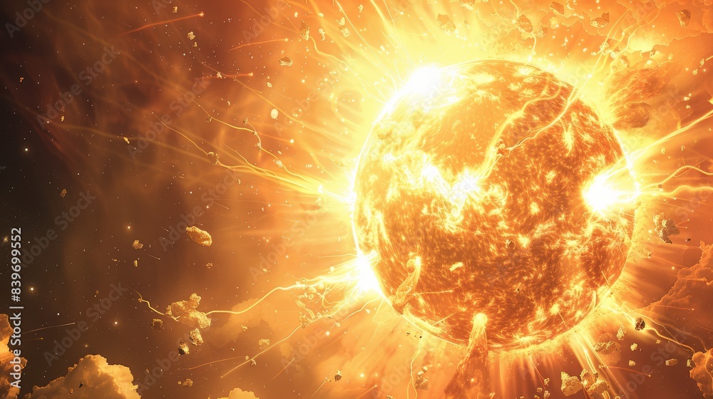 Poster Explosive solar flare with surrounding asteroids, showcasing the power of the sun's magnetic storms. A dramatic and dynamic cosmic event. Perfect for science enthusiasts and educational materials