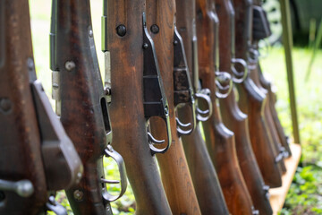 First and Second World War rifles lined up