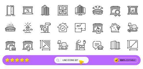 Factory, Enterprise and Lounge place line icons for web app. Pack of Buildings, Lighthouse, Square area pictogram icons. Food market, Market sale, Arena stadium signs. Open door. Search bar. Vector