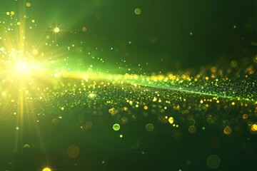 Elegant radiant green light burst on dark green backdrop with golden yellow sparkles
