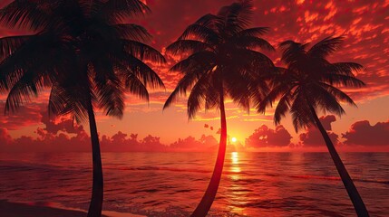 Imagine an iconic scene reminiscent of Scarface, where the vibrant backdrop of an orange sky sets the stage for a row of majestic palm trees. AI generated illustration