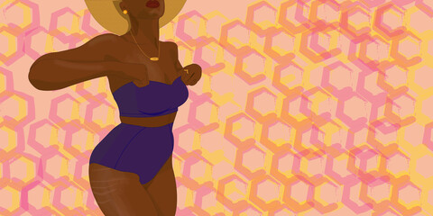 bannière silhouette femme noire remonte maillot de bain vergetures fond rose motif été