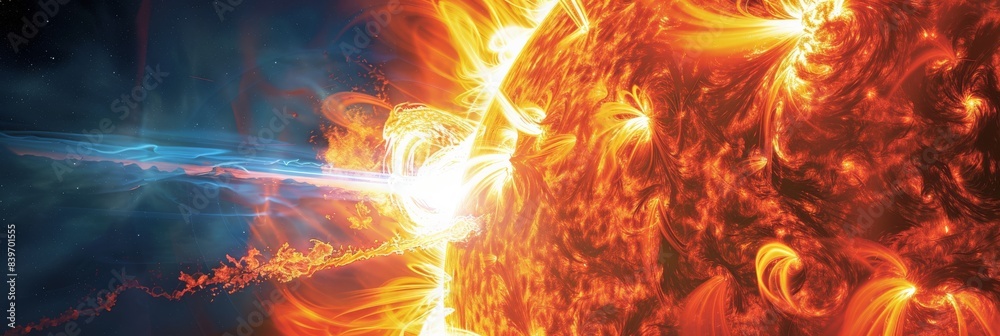 Poster close-up view of solar flare with magnetic storms erupting on the sun's surface. showcasing the sun'