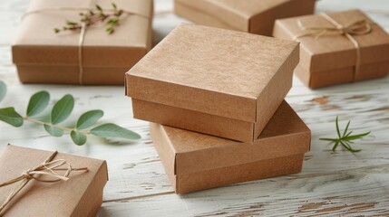 Brown gift boxes with natural green leaves and twine on a white wooden surface, suggesting an eco-friendly theme. Created with Generative AI.