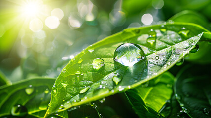 Water drop on green leaf after rain