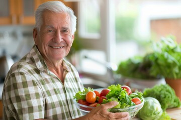 Happy elderly man holding a fresh and healthy vegetable salad bowl in a cozy kitchen environment