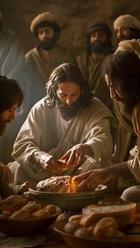 Jesus breaking bread and offering it to his disciples, symbolizing his body from Matthew 26:26. 4k video in smart phone 9:16 aspect ratio for prayer card.