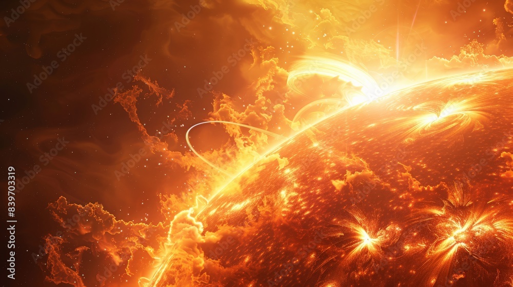 Poster fiery solar explosion with dynamic flares and magnetic storms on the sun's surface. illustrating the