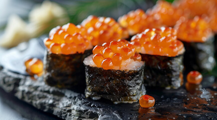 Sushi with caviar, macro shot of red salmon roe on sushi rolls