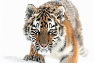 Fototapeta premium Young tiger cub walking on a white background, showcasing its curious and playful nature