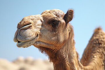Fototapeta premium Close up of a camels face, showcasing the unique features of this fascinating desert animal