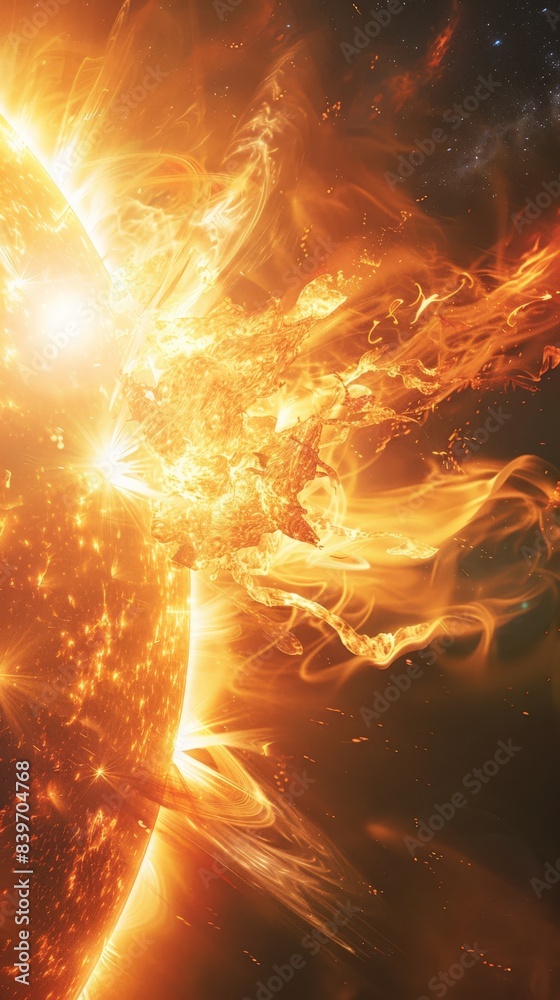 Poster powerful explosion on the sun\'92s surface showcasing vibrant solar flares and magnetic storms. demo