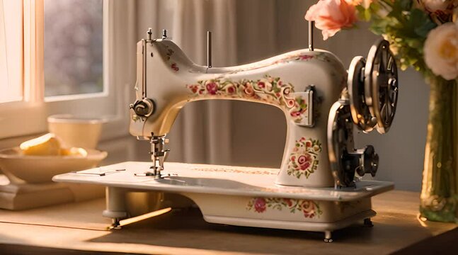 Vintage Decoration Set of Classic Sewing Machine Shelf Over Beige Wall with Flowers in Vase
