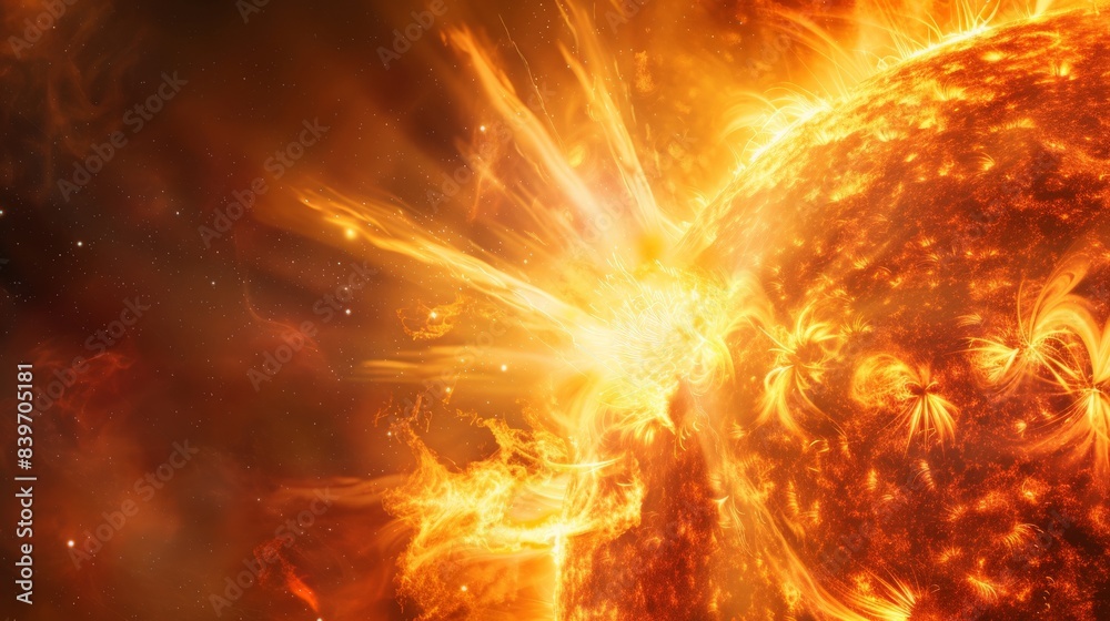 Poster close-up of a sunspot region with a solar flare erupting, demonstrating intense magnetic storms. per