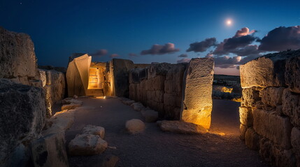 ancient stone, megaliths, dolmens, obelisks, menhirs  At night in the Mnajdra complex in Malta Under the_008