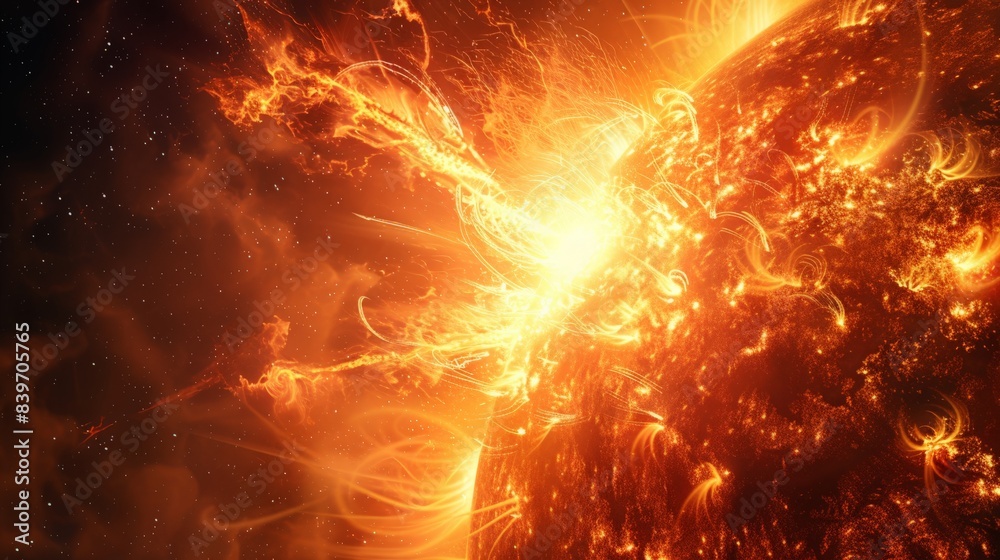 Aufkleber explosive solar flare with intense energy burst from the sun's surface. depicting the power of solar