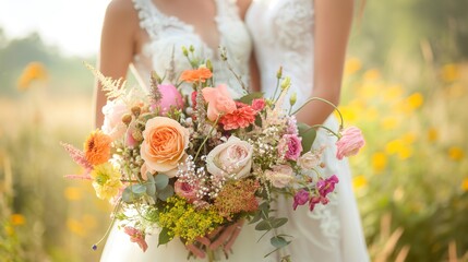Close-up of lesbian brides in lace dresses, framed by flowers, capturing the romance and beauty of LGBTQ weddings, perfect for commercial use and bridal photography